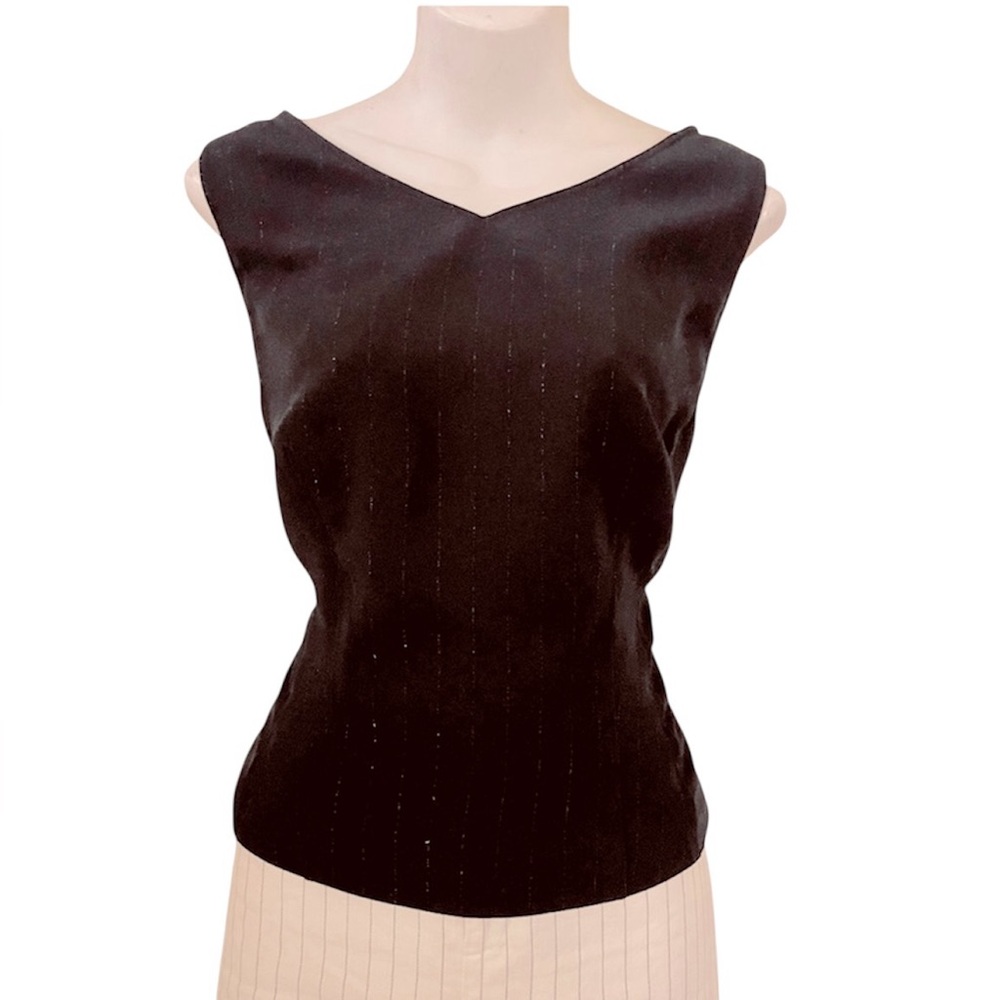 Halston Women’s Black Silver Pinstripe Sleeveless Side Zipper Cropped Top Sz 10
